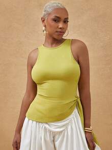 Vixey Solid Ribbed Side Tie Asymmetrical Hem Tank Top - Green - View 2