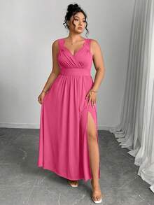 Elenzga Plus Size V-Neck Contrast Lace Spaghetti Strap Ruffle Hem Bodycon Split Dress - Hot Pink - View 7