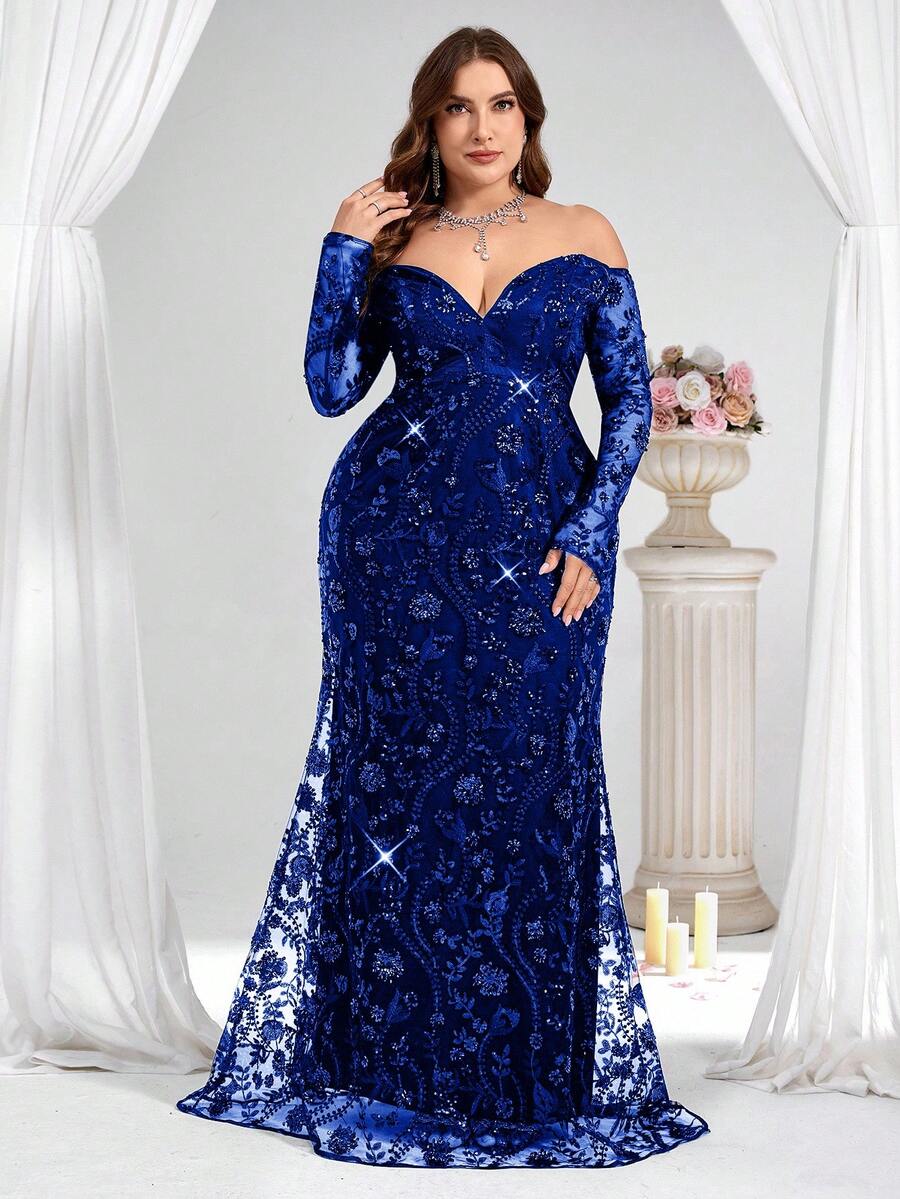 Coutiva Plus Size Women's Off-Shoulder Sequin Luxurious Formal Evening Gown (Heavy Embellishment) - Royal Blue - View 1