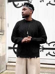 Heavens Edit ANDREILEE 男士宽松休闲街头风破洞流苏圆领长袖套头毛衣，春、秋、冬三季百搭针织衫 - 黑色 - 查看 1