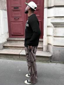 Heavens Edit ANDREILEE 男士休闲宽松套头毛衣，轻薄圆领长袖针织衫，印花图案，适合春、秋、冬三季穿着。 - 黑色 - 查看 5