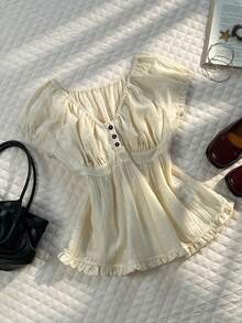 Glimmora Áo kiểu tay ngắn màu mơ, cổ chữ V, xếp ly, viền bèo nhún dành cho nữ, mùa hè. - Màu be - Xem 7