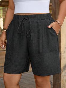 SHEIN LUNE Plus Size Olive Green Elastic Waist Loose Drawstring Casual Shorts - Dark Grey - View 5