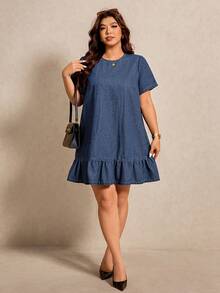 Elaquor Plus Size Summer Casual Ruffle Hem Denim Dress - Dark Wash - View 2