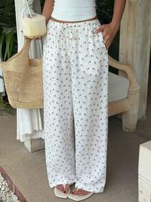 SHEIN EZwear Quần ống rộng thắt eo in họa tiết, chất liệu dệt màu trắng dành cho nữ. - trắng - Xem 3