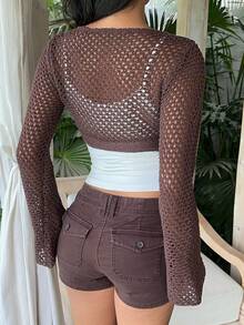 SHEIN EZwear Coffee Brown Long Sleeve Front Tie Cropped Thin Cardigan - Coffee Brown - View 2