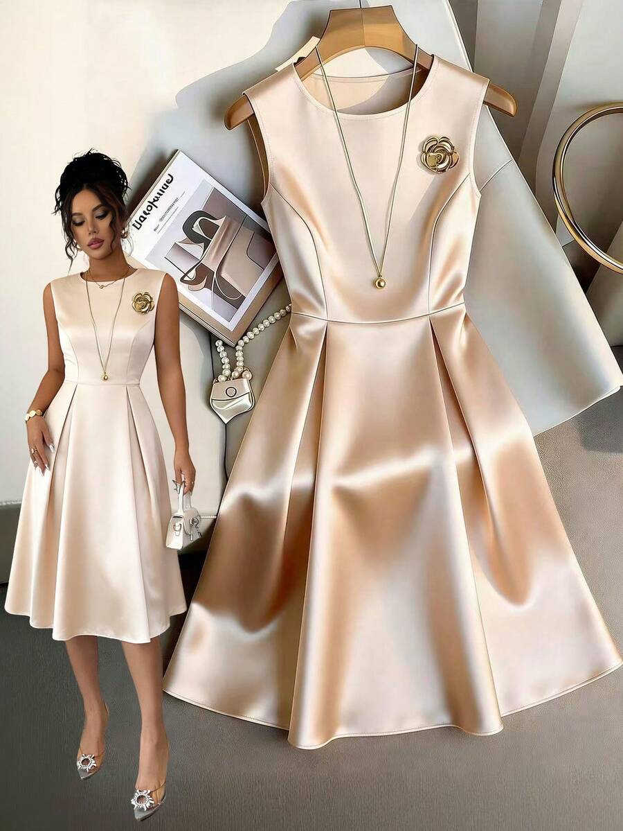 SHEIN Elenzya 女士香槟色缎面圆领无袖金色3D花朵金属扣腰带高端时尚优雅别致法式奢华中长连衣裙，春夏款 - 香檳色 - 查看 1