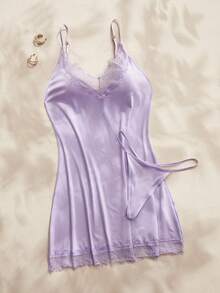 Charlaine Women's Lace Trim Spaghetti Strap Sexy Mini Nightgown - Mauve Purple - View 8