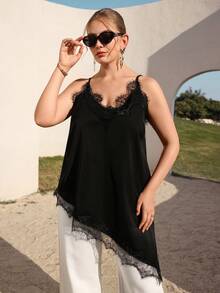 Juhart 大码女式纯色缎面蕾丝边不对称开衩优雅休闲日常吊带背心 - 黑色 - 查看 3