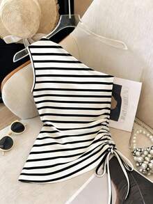 GlowEve Women's Striped Sleeveless Side Drawstring Casual Top - Black and White - View 6