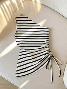 GlowEve Women's Striped Sleeveless Side Drawstring Casual Top - Black and White - View 7