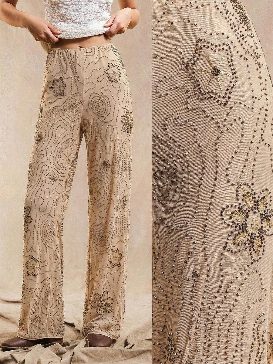 Easelle Celana Panjang Wanita Model Lurus Longgar dengan Motif Bohemian Berhiaskan Manik-Manik, Warna Aprikot, Musim Panas - Aprikot - View 1