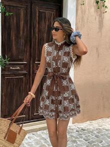 Serisse Đầm nữ kiểu dáng thường ngày, in họa tiết toàn thân, cài cúc phía trước, không tay. - màu nâu - Xem 4