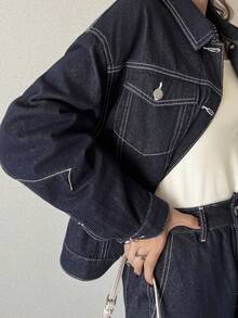 FRIFUL 女士单排扣长袖上衣和阔腿牛仔裤休闲日常牛仔套装 - 藍色 - 查看 6