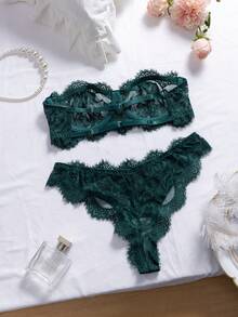 SHEIN 2pcs Women Lace Lingerie Set - Dark Green - View 2
