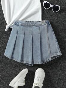 SHEIN Girls'Denim Pleated Skirt Shorts,Light Blue,Summer,Casual,School,Back-To-School,High-Waisted Snug Fit Vintage Acid Wash Cotton-Rich Sweet Chic Style - Light Wash - View 6
