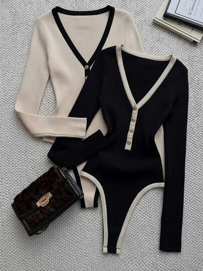 Airaco 女士V领撞色休闲连体衣，适合日常穿着