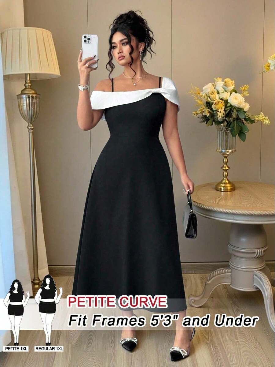 SHEIN PETITE 大码女式优雅撞色拼接细肩带露肩蝴蝶结 A 字中长连衣裙，夏季 - 黑與白 - 查看 1