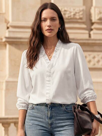 Juhart Plus Size Women's Ruffle Trim Long Sleeve Shirt Fall Cloth For Women