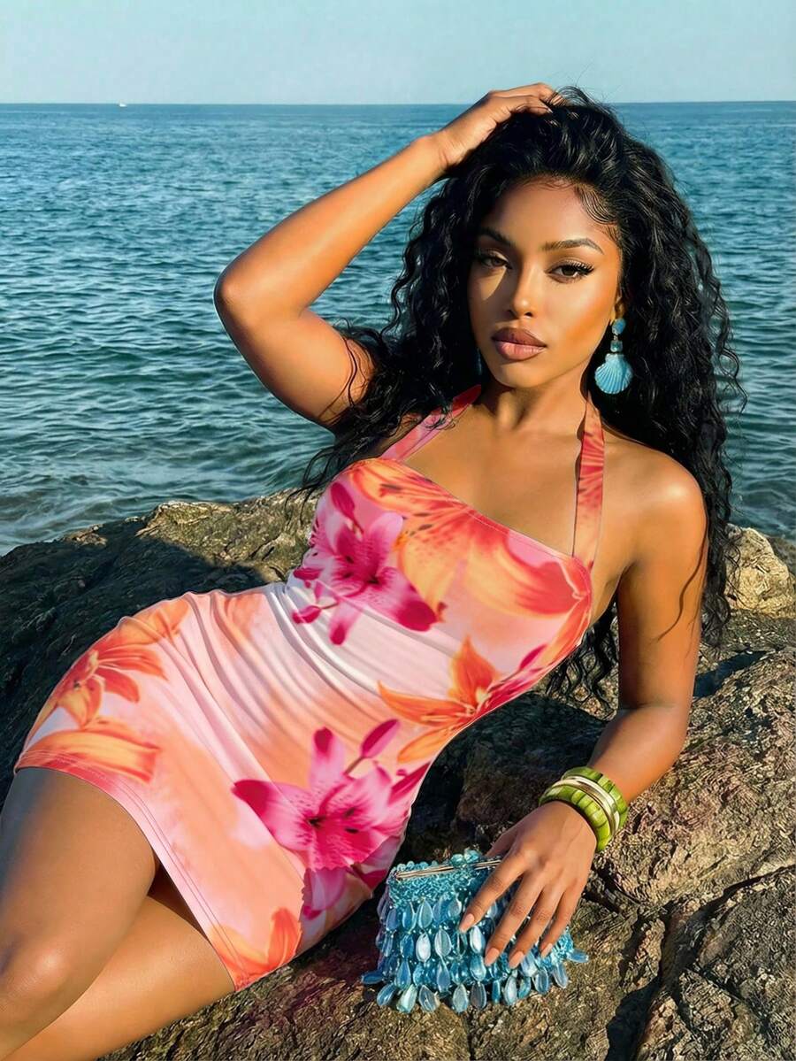 Slaydiva Women's Backless Sleeveless Fitted Floral Print Mini Dress