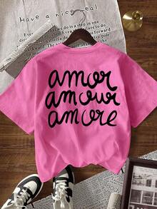 EMERY ROSE Áo thun nữ tay ngắn cổ tròn in chữ, kiểu dáng thường ngày, đa năng. - Màu Hồng Tươi - Xem 6