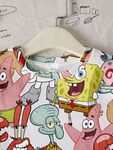 SpongeBob SquarePants | SHEIN Tween Boys Crew Neck Short Sleeve Cute Cartoon Print Casual Versatile T-Shirt, All-Over Print - White - View 3