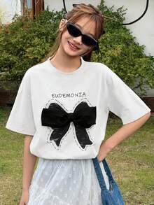 DAZY 少女夏季休闲蝴蝶结印花装饰T恤 - 白色 - 查看 4