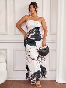 SHEIN Allurite Đầm ống in hoa thanh lịch dành cho phụ nữ cỡ lớn - màu xanh lá - Xem 3