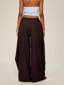 ATUI Studio Women's Solid Color Double-Waistband Wide Leg Loose Suit Pants - Brown - View 2