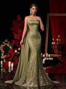 Glamrae 优雅奢华刺绣蕾丝拼接弹力缎面性感无肩带美人鱼礼服，适合婚礼、派对、度假、舞会、盛会（豪华版） - 橄欖綠 - 查看 7