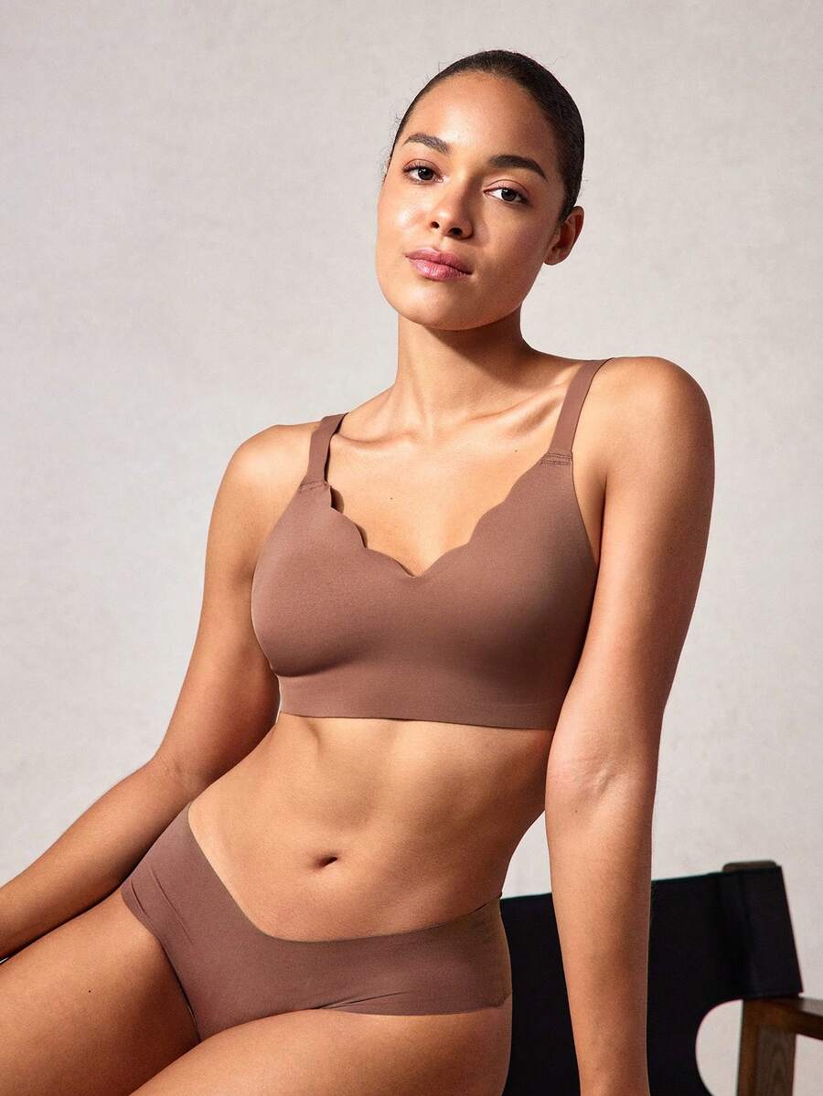 Veilyse 1pc Seamless Minimalist Wavy Edge Solid Color No Underwire Push Up Full Coverage Women Bra - Coffee Brown - View 1