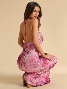 SHEIN BAE Đầm ôm sát in họa tiết da báo hồng, cổ xếp ly, vạt bồng, thích hợp cho kỳ nghỉ xuân/hè. - Hồng - Xem 7