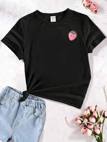 1件女童休闲可爱碎花夏季度假印花针织圆领短袖T恤，适合夏季度假外出穿着，2026春夏新款，夏季穿搭 - 黑色 - 查看 2