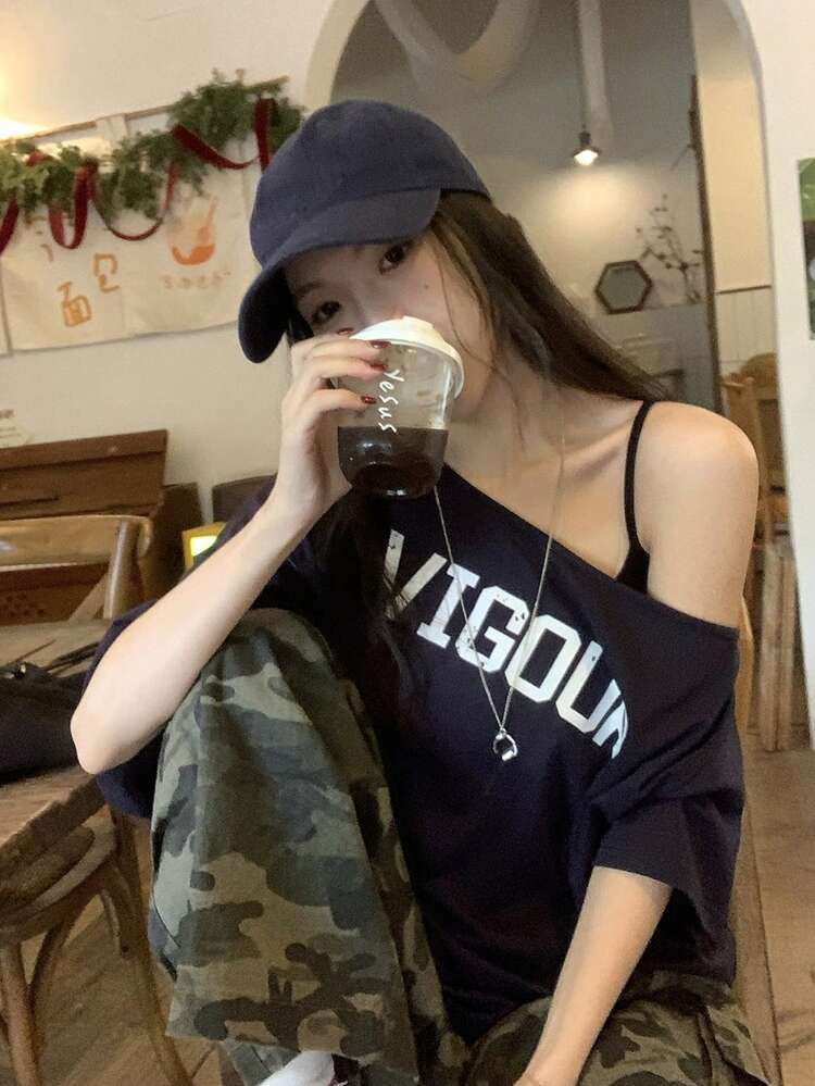 Letter Print Loose Asymmetrical Shoulder Short Sleeve Casual Summer Top T-Shirt For Women