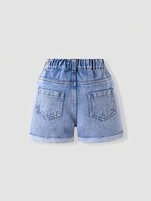 1pc Young Girls Light Teal Summer Denim Shorts,Cartoon Letter Embroidery Elastic Waist Loose Straight Cuffed Jean Shorts For Kids Toddler Girls - Light Wash - View 2