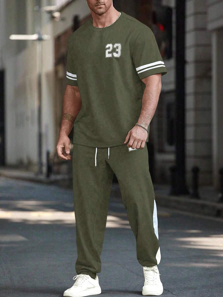 Manfinity Homme Plus Size Men's Numeric Print Short Sleeve T-Shirt And Shorts Casual Set - Olive Green - View 1