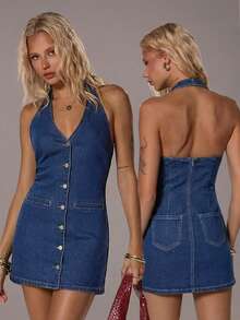 TRNVIE Fashionable Casual Lady Style Button-Up Halter Neck Denim Dress - Medium Wash - View 1