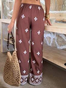 SHEIN EZwear Quần dài nữ màu cà phê kiểu Bohemian, in hoa, dệt kim, có dây rút ở eo. - Cà phê nâu - Xem 2