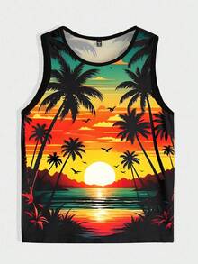 Manfinity RSRT Plus Size Men's Summer Tropical Print Trim Casual Tank Top, Holiday - Multicolor - View 3