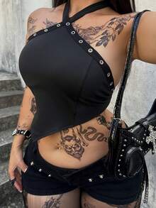 Whyspr Casual Punk Music Festival Coachella Plus Size Sexy Solid Color Backless Halter Top, Summer - Black - View 5