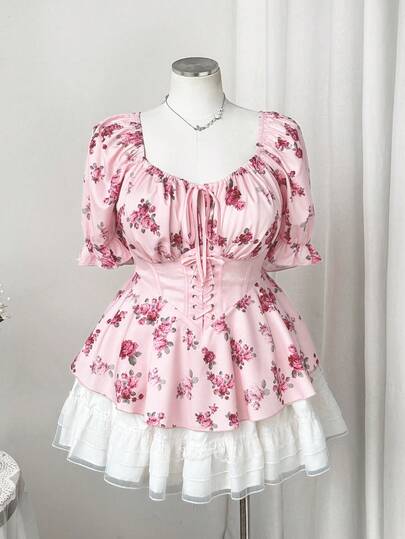 Sweetra Áo sơ mi nữ cỡ lớn thanh lịch in hoa, có dây rút