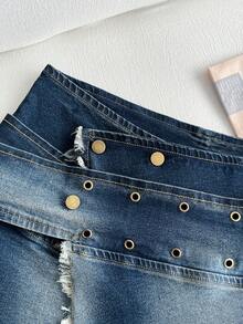 Elamini Women's Frayed Hem Metal Eyelet Fashionable Denim Mini Skirt - Blue - View 6