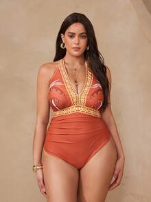 Swim Oasis 2026 Neue Große Größen Mehrfarbiger Platzierungsdruck Neckholder Ausschnitt Bindeträger V-Ausschnitt Geraffter Taille Passender Platzierungsdruck Bindeträger Mesh Rock Badeanzug, Schlanke einfache modische Strandurlaubs Einteiler für Frauen - Verschiedenfarbig - Übersicht 6