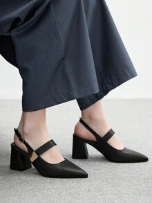 CUCCOO BIZCHIC 女士鞋履 春秋季尖头粗跟中跟黑色金属扣装饰女士露跟鞋 时尚经典简约通勤约会派对假日度假女士高跟鞋 - 靜夜黑色 - 查看 4