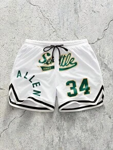 EVRINFINITE NEON DUSK Men's White Letter & Number Basketball Print Casual Loose Drawstring Shorts,Basketball Shorts - White - View 1