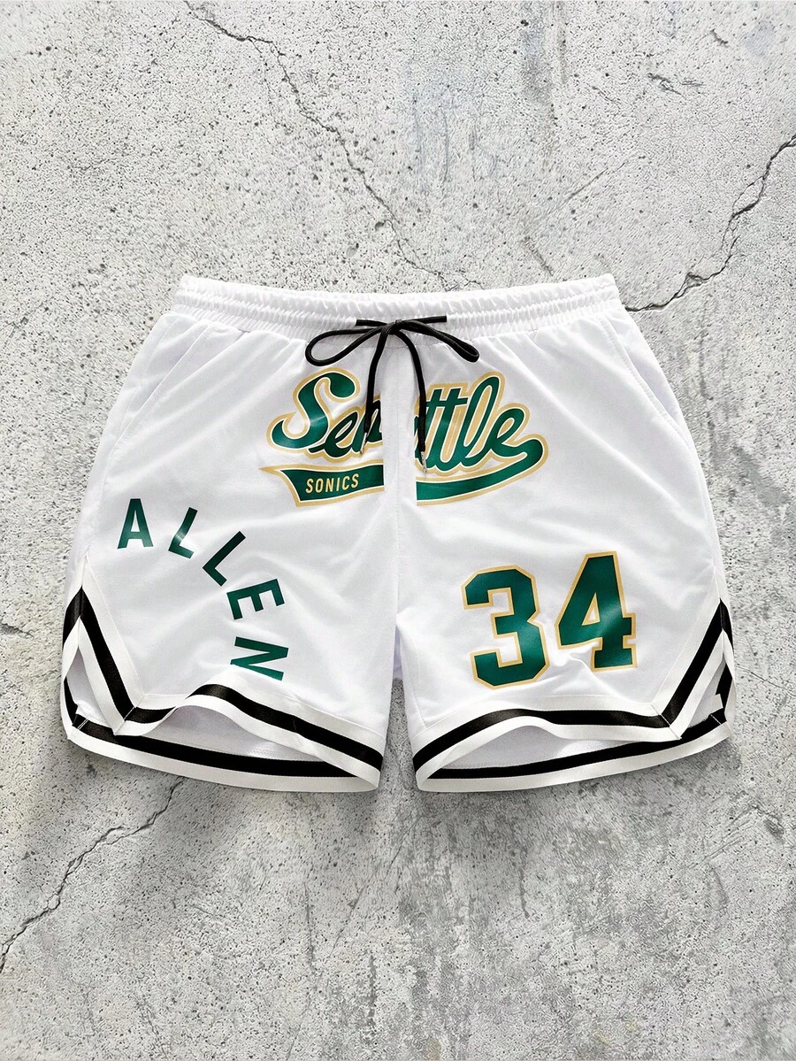 EVRINFINITE NEON DUSK Men's White Letter & Number Basketball Print Casual Loose Drawstring Shorts,Basketball Shorts - White - View 1