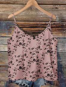 EMERY ROSE Plus Size Women Floral Print Contrast Lace Camisole - Orange - View 2