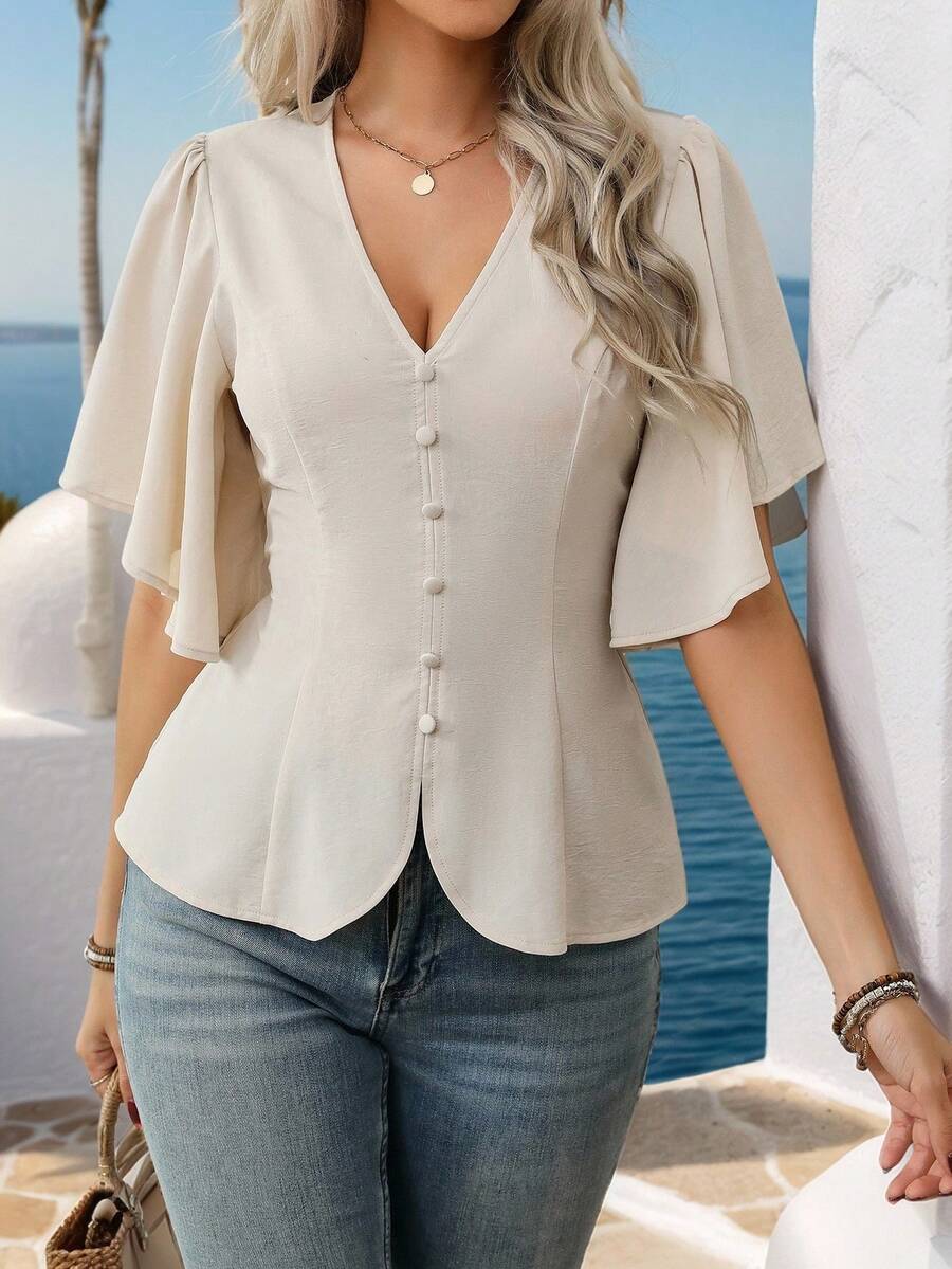Women's Elegant French Style Casual Commuting Vacation Solid Color V-Neck Button Decor Flare Sleeve Waisted A-Line Shirt, Spring/Summer - Apricot - View 1