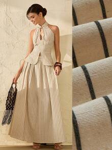 Bóhologie Women Two Pieces Outfits Linen Collection Vest And Skirt Suit Sets Fake Linen - Black and White - View 1