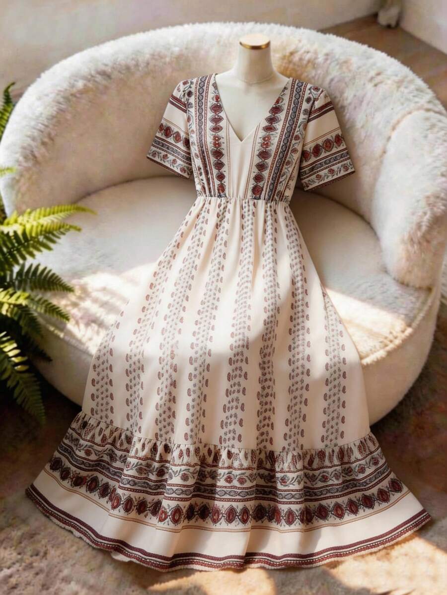 Franclia Holidaya 女士优雅 2026 春夏度假沙滩日常时尚休闲 V 领喇叭袖复古长裙 - 卡其色 - 查看 1